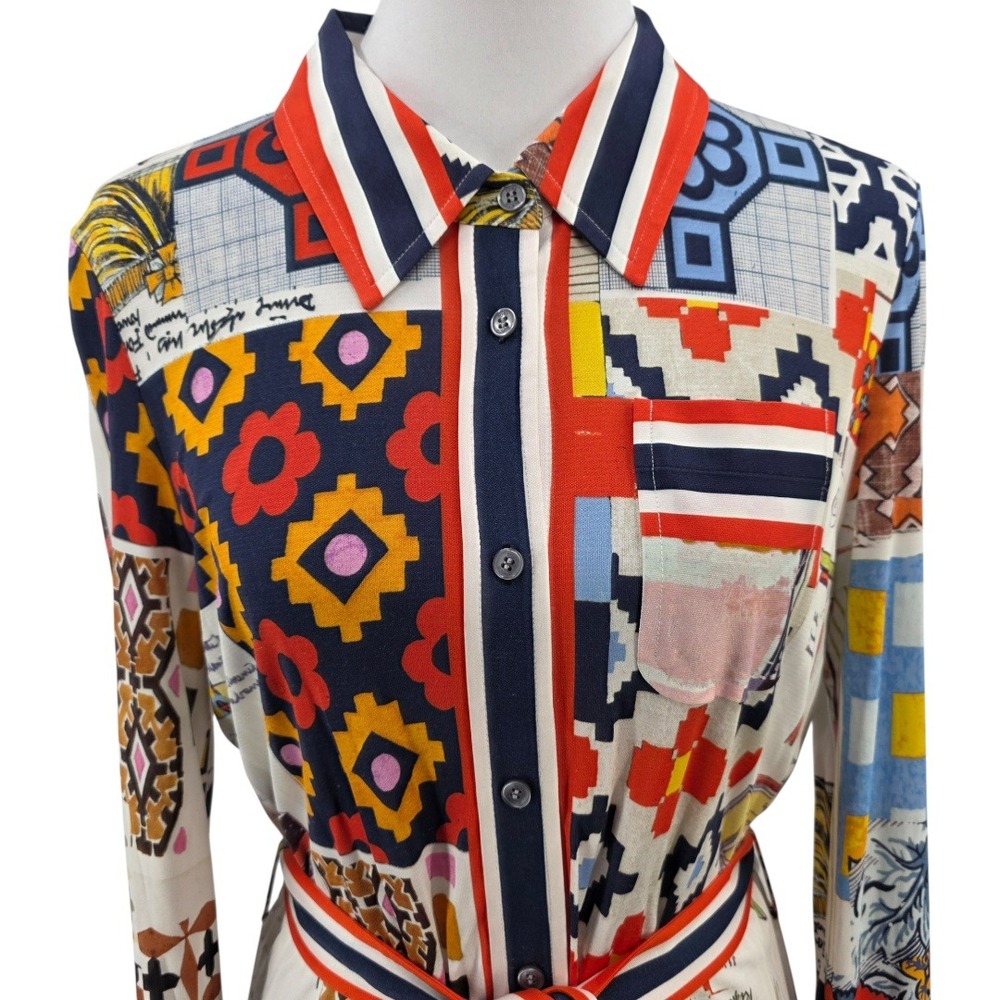 Tory Burch Womens L Silk Blend Laurence Scrapbook Belted Shirtdress - Picture 3 of 16